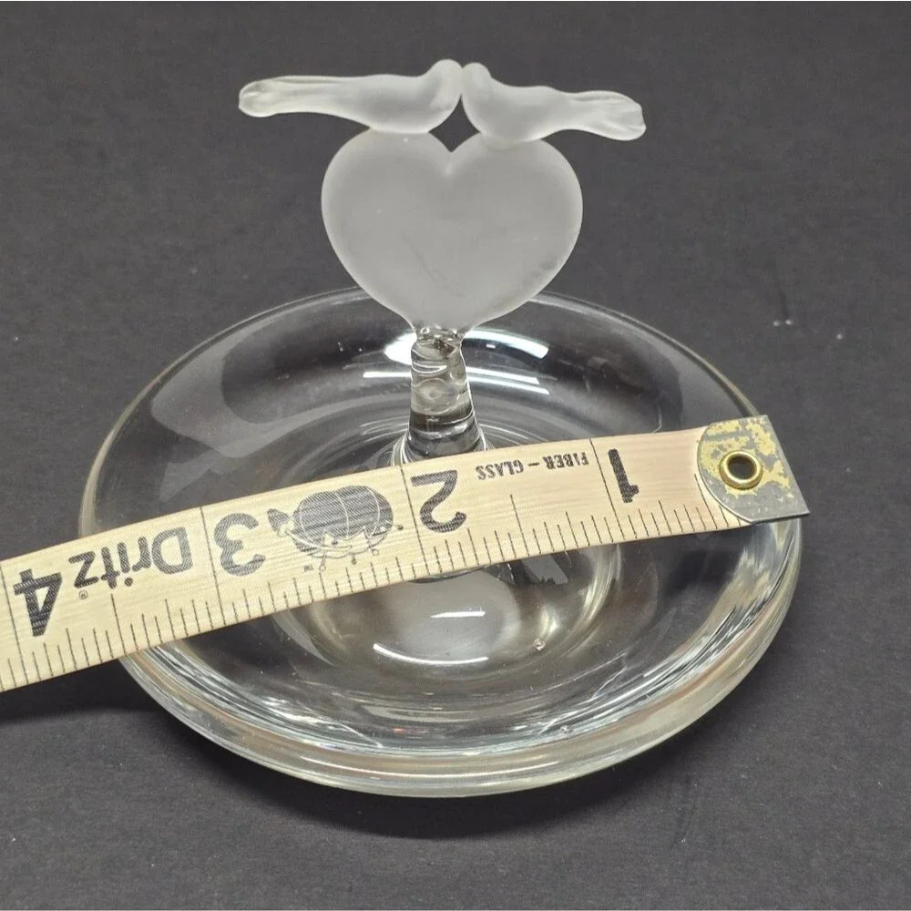 Vintage Crystal Jewelry Trinket Dish Frosted Heart and Doves Romantic Love